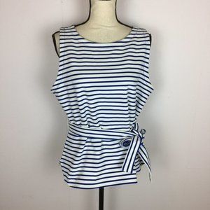 Liz Claiborne Blouse Tank Top PL Womans Petite Blue White Striped Sleeveless